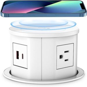 Pop Up Outlet - 4.7" Retractable Socket with 15W Wireless Charger, 4 AC Plugs, PD 20W USB-A and USB-C. Ideal for Countertops, Conferences, Kitchen, Garage, and Workbenches