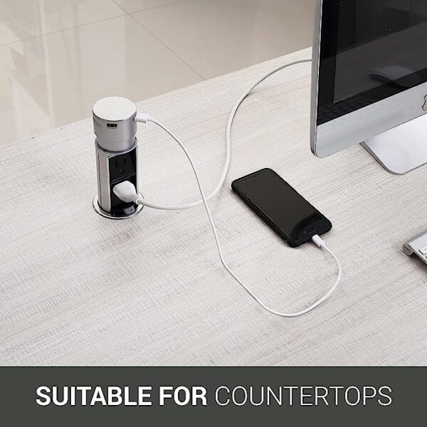 Versatile Pop Up Outlet Station with USB, Splash-Resistant and Sleek Stainless-Steel Finish, Perfect for Kitchen Islands, Office Tables, and Workshops