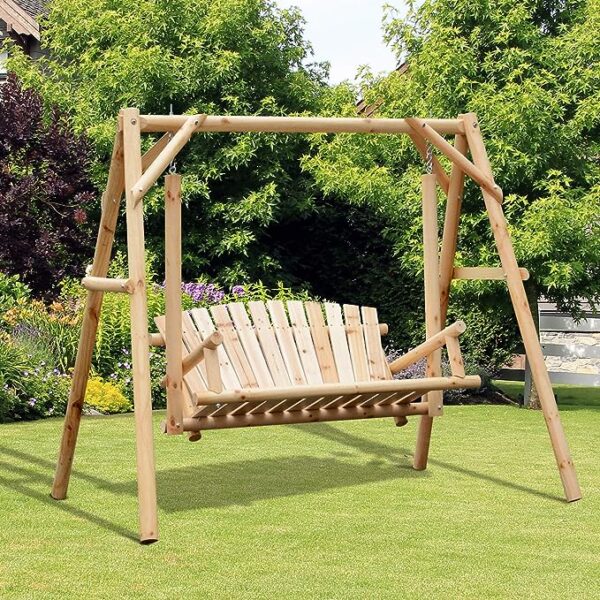 Porch Swing with A Frame - 2-Seat Wooden Patio Swing Chair Bench, Perfect for Garden, Poolside, and Backyard in Natural Finish