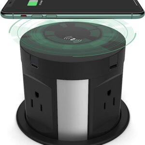 Pop Up Outlet with Automatic Recessed Power Strip - Type-A and Type-C USB Ports, and Wireless Charger Station for Kitchen and Conference Workbenches