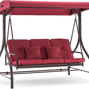 3-Seat Porch Swing with A Frame, Adjustable Backrest, Canopy, and Comfy Cushions for Your Outdoor Patio