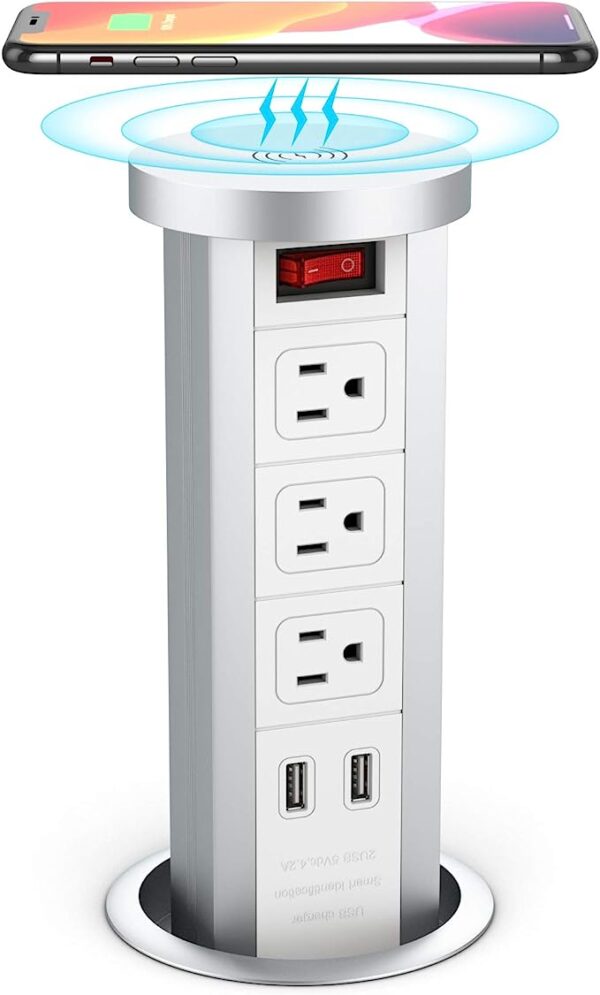 Pop Up Outlet - Automatic Surge Protector with USB, 3 AC Outlets, 2 USB Ports, 10W Wireless Charger. For Kitchen Counters and Islands