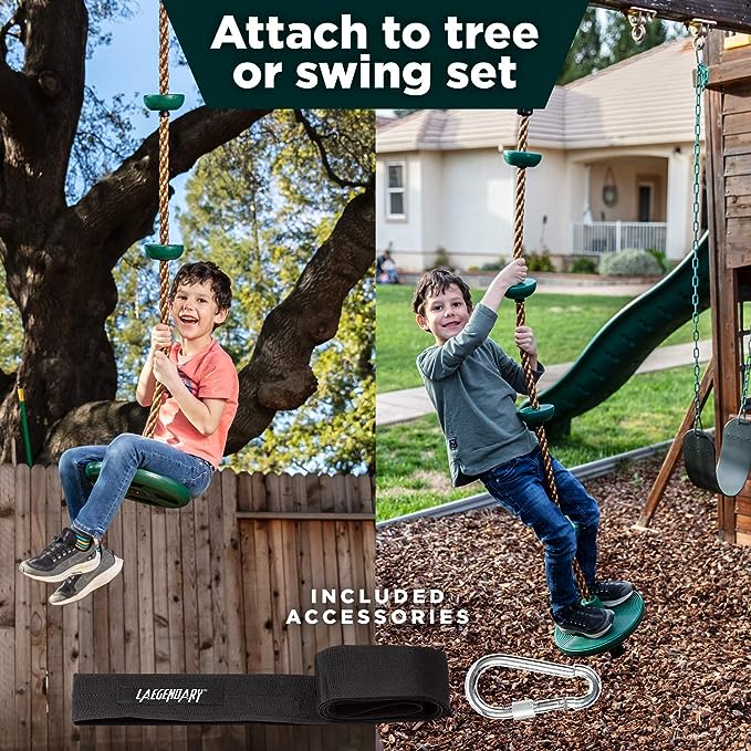 Outdoor Disc Swing with Climbing Rope and Platforms for Kids - Tree Swing Set with Carabiner and 4 Ft Tree Strap