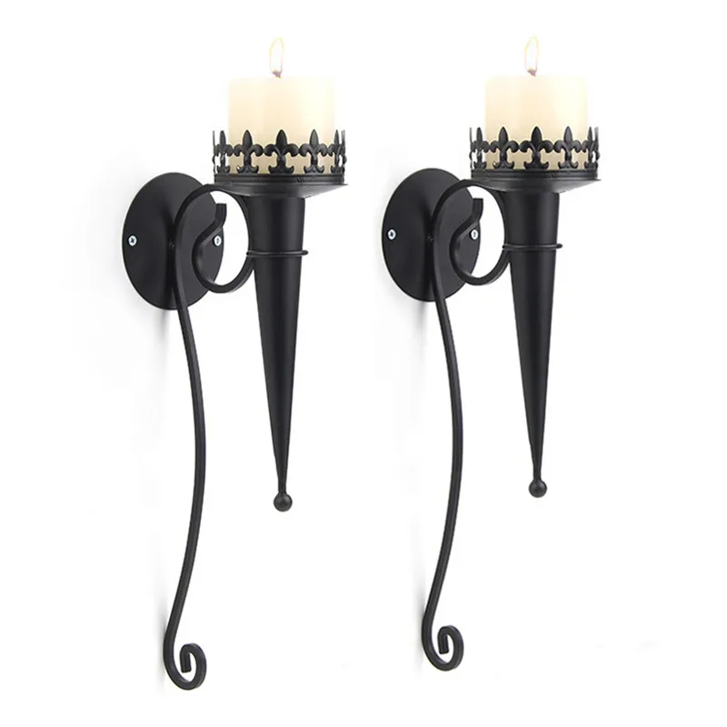 2 PCS Medieval Vintage Iron Gothic Torch Style Black Pillar Candle Holder Wall Sconces for Candles Home Decorative Wall Decoratio