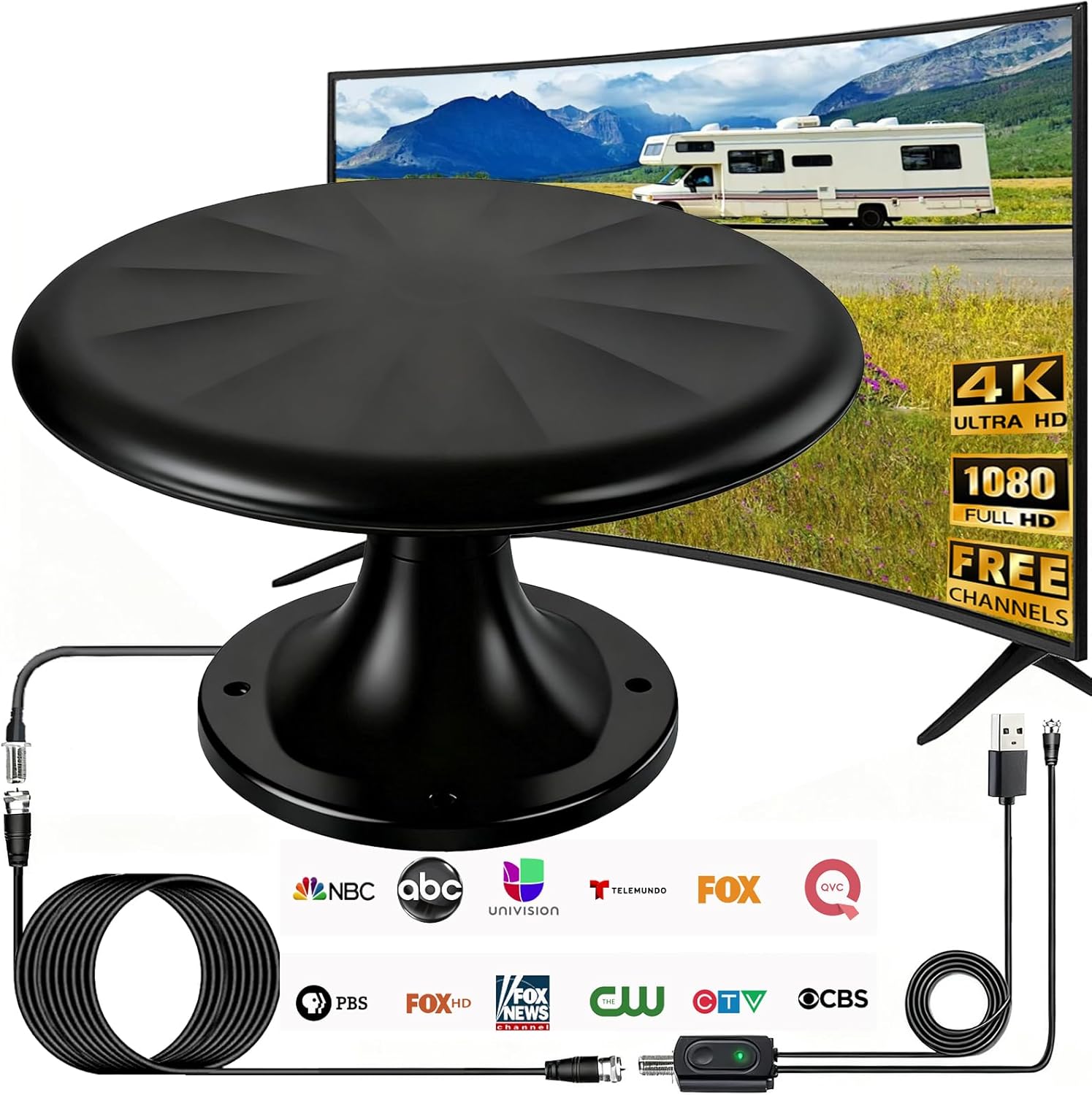 RV Antenna 720° Reception Signal Booster (Black)