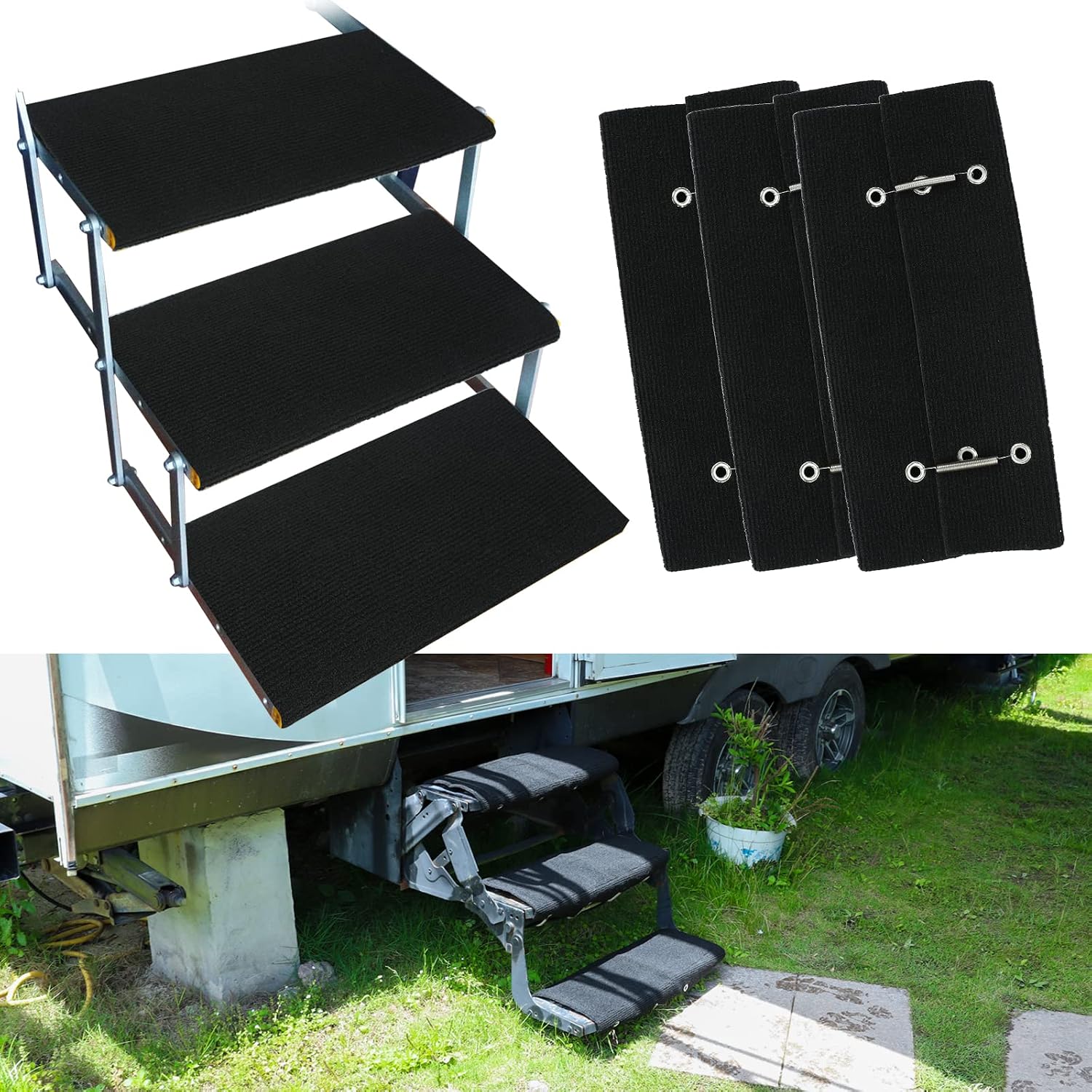 RV Step Covers Rugs 3-Pack, 18" Black Camper Stair Treads
