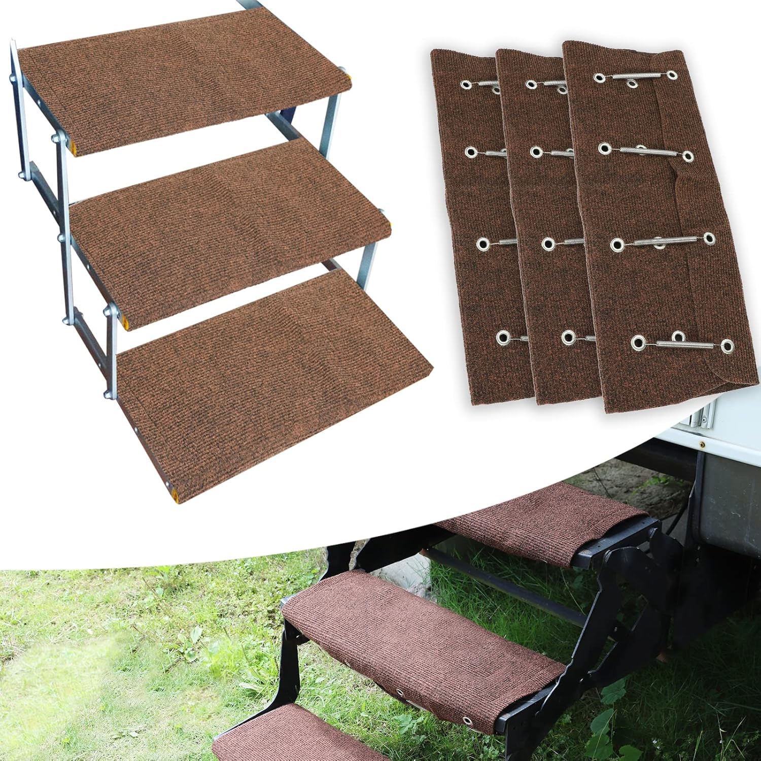RV Step Covers 3-Pack, 22in Wide Camper Stair Rugs – Brown
