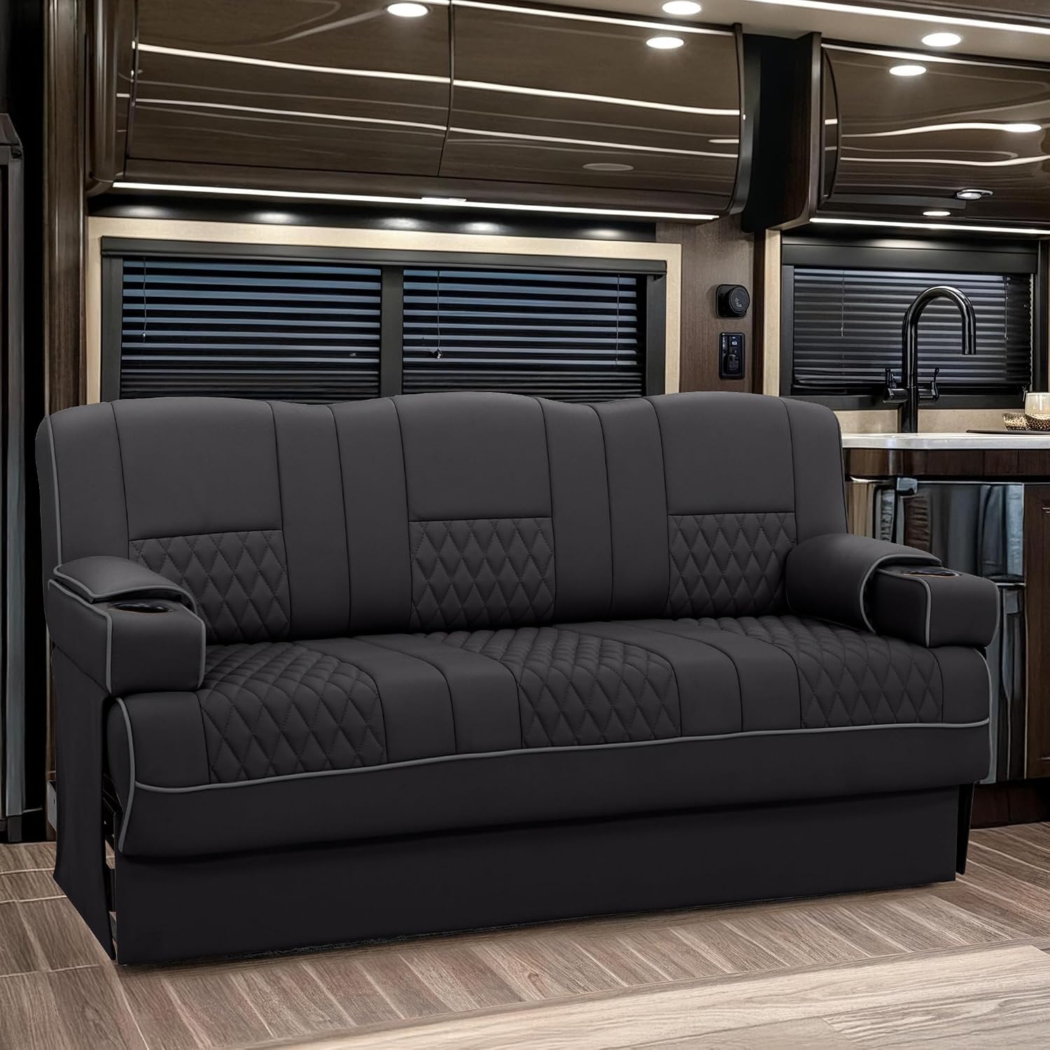 Gravitas SL RV Sofa Bed, 68" W, Leather, Black/Charcoal