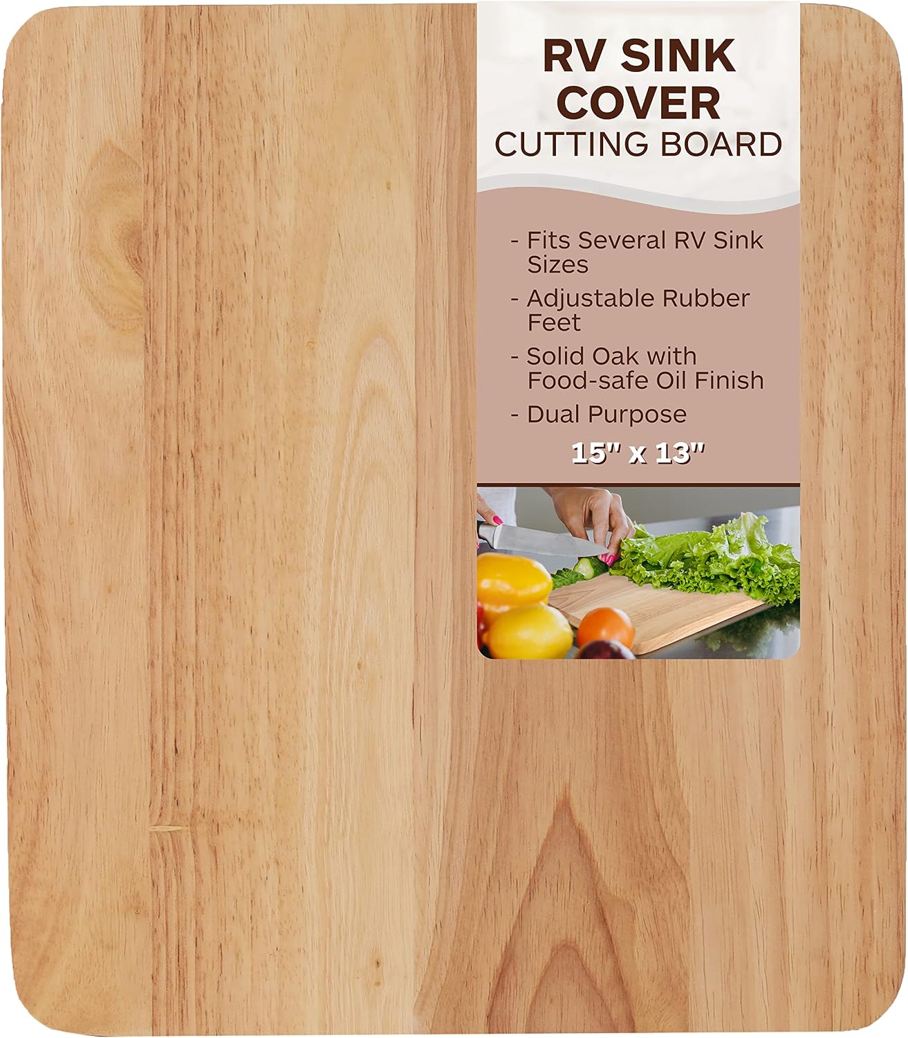 TonGass RV Sink Cover & Cutting Board - 15" x 13" Solid Oak