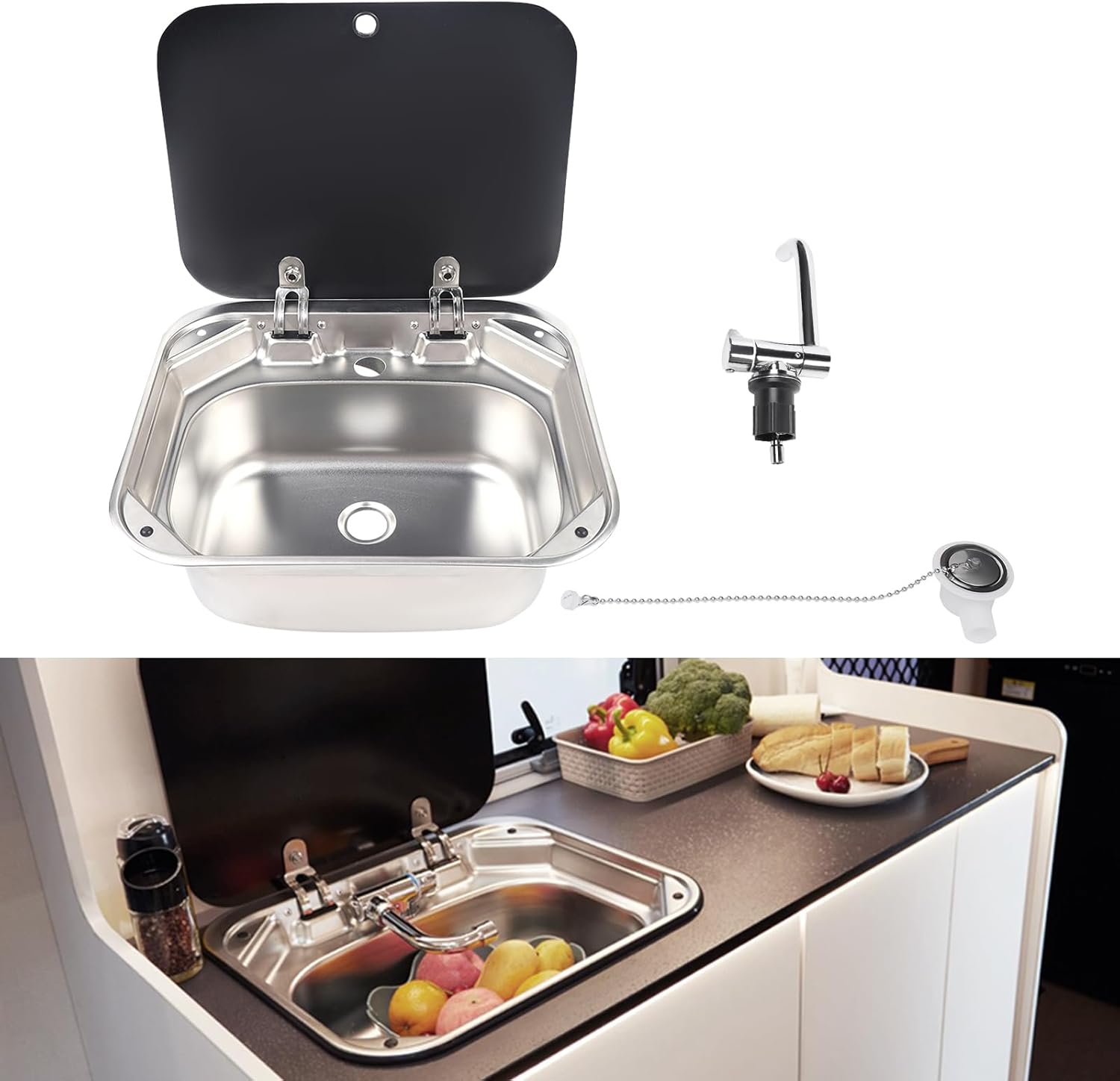 RV Sink with Glass Cover & Foldable Faucet