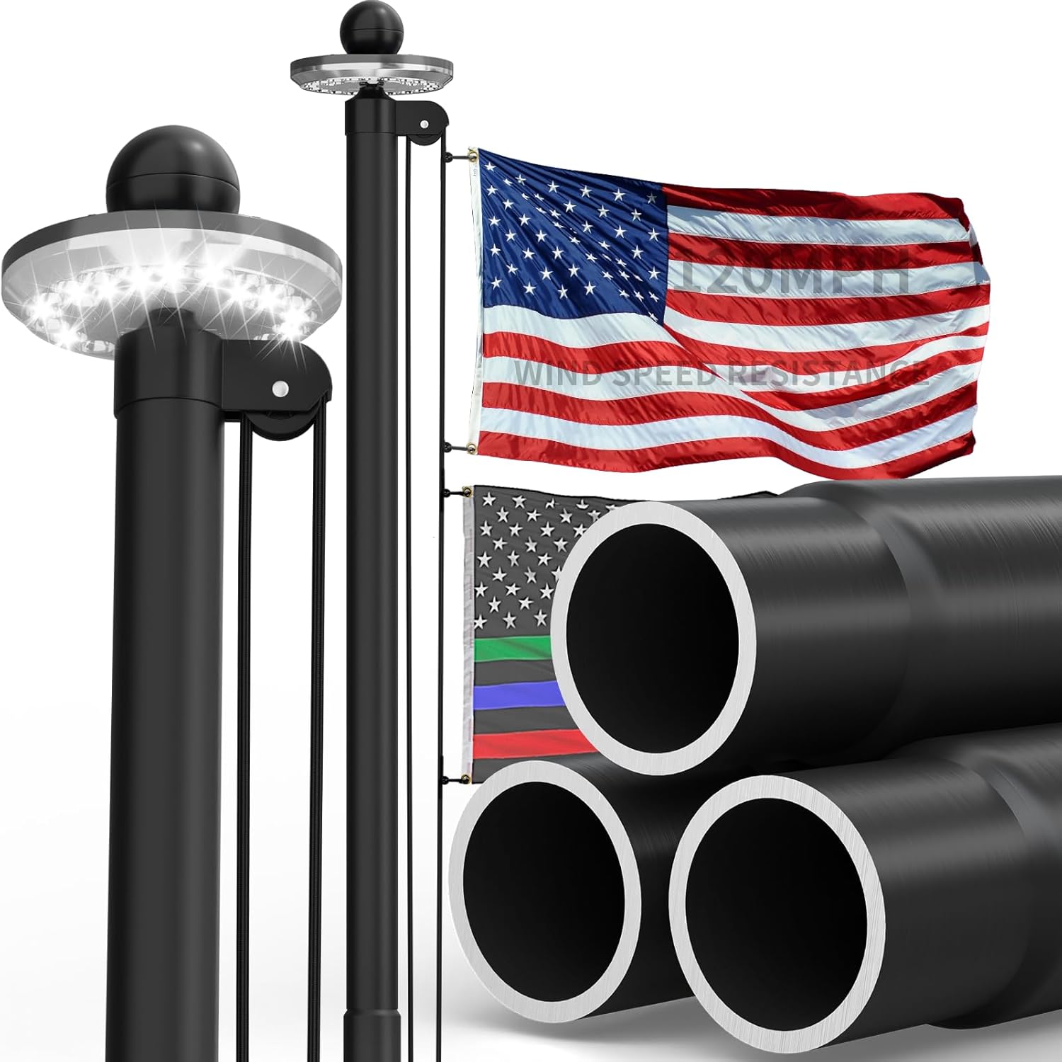 25FT Heavy-Duty Flagpole Kit with Solar Light