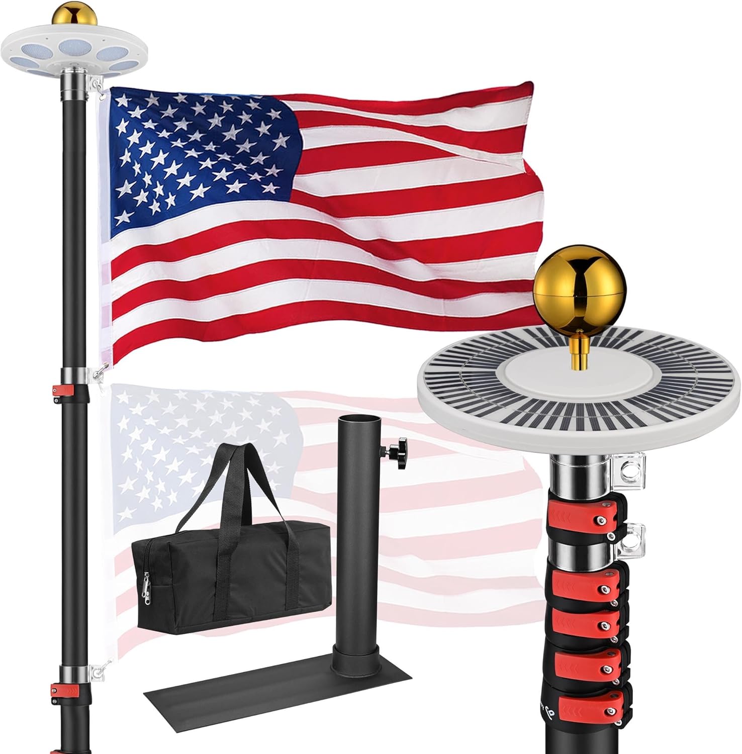 Yescom 30ft Telescopic Flag Pole Kit w/ LED Light & Mount