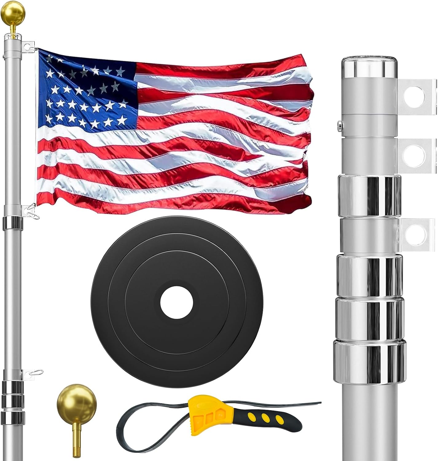 30ft Telescoping Flagpole w/ Collar Base & USA Flag
