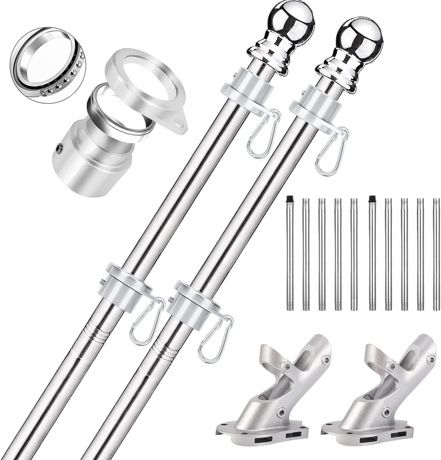 2-Pack 6ft Flag Pole Kit with Mounting Brackets & Clips