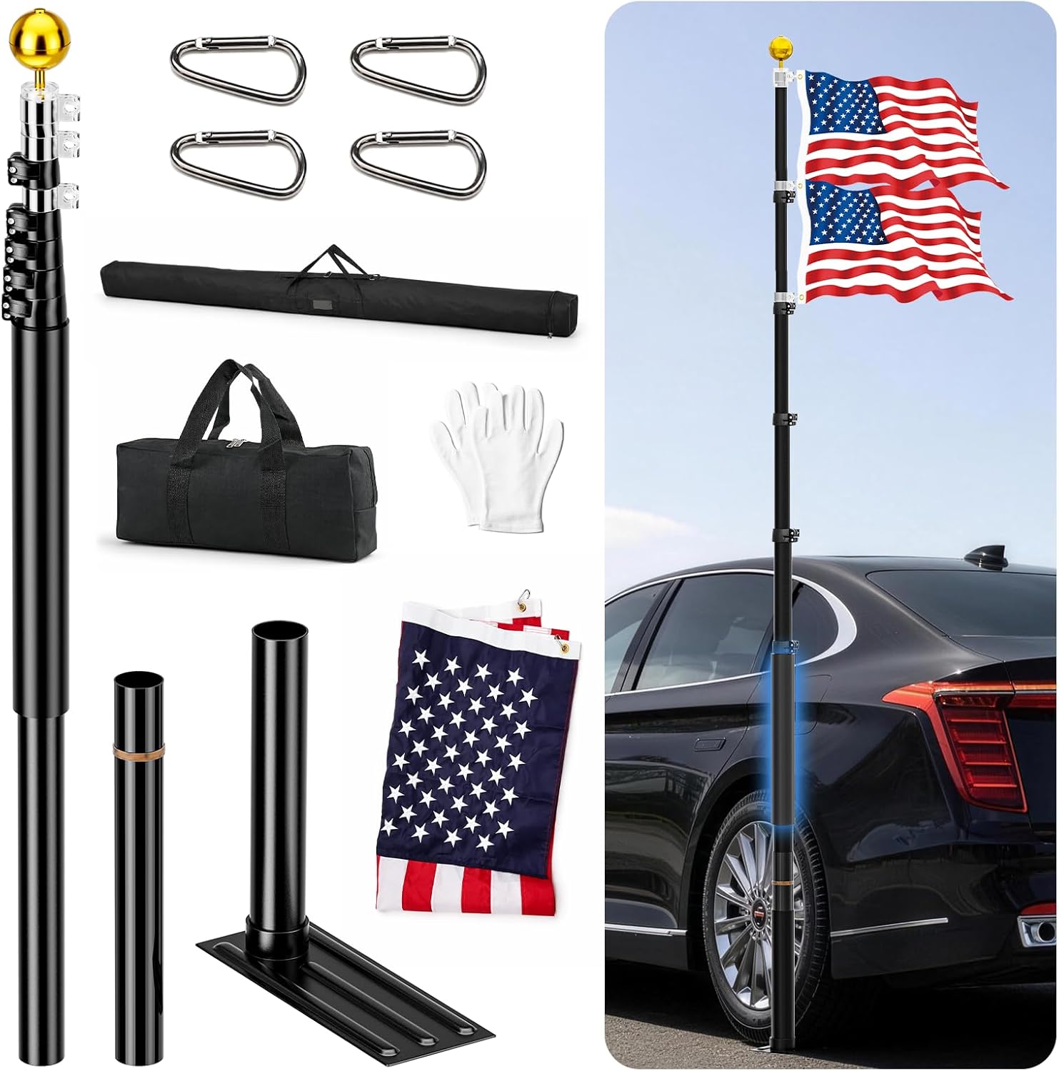 20ft Telescoping RV Tailgate Flag Pole Kit with Bag & US Flag