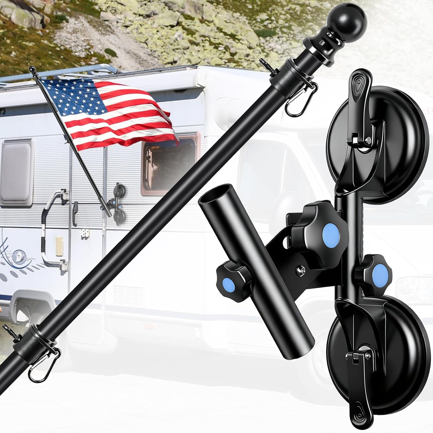 RV Flag Holder with Suction Cups, Adjustable Pole Kit