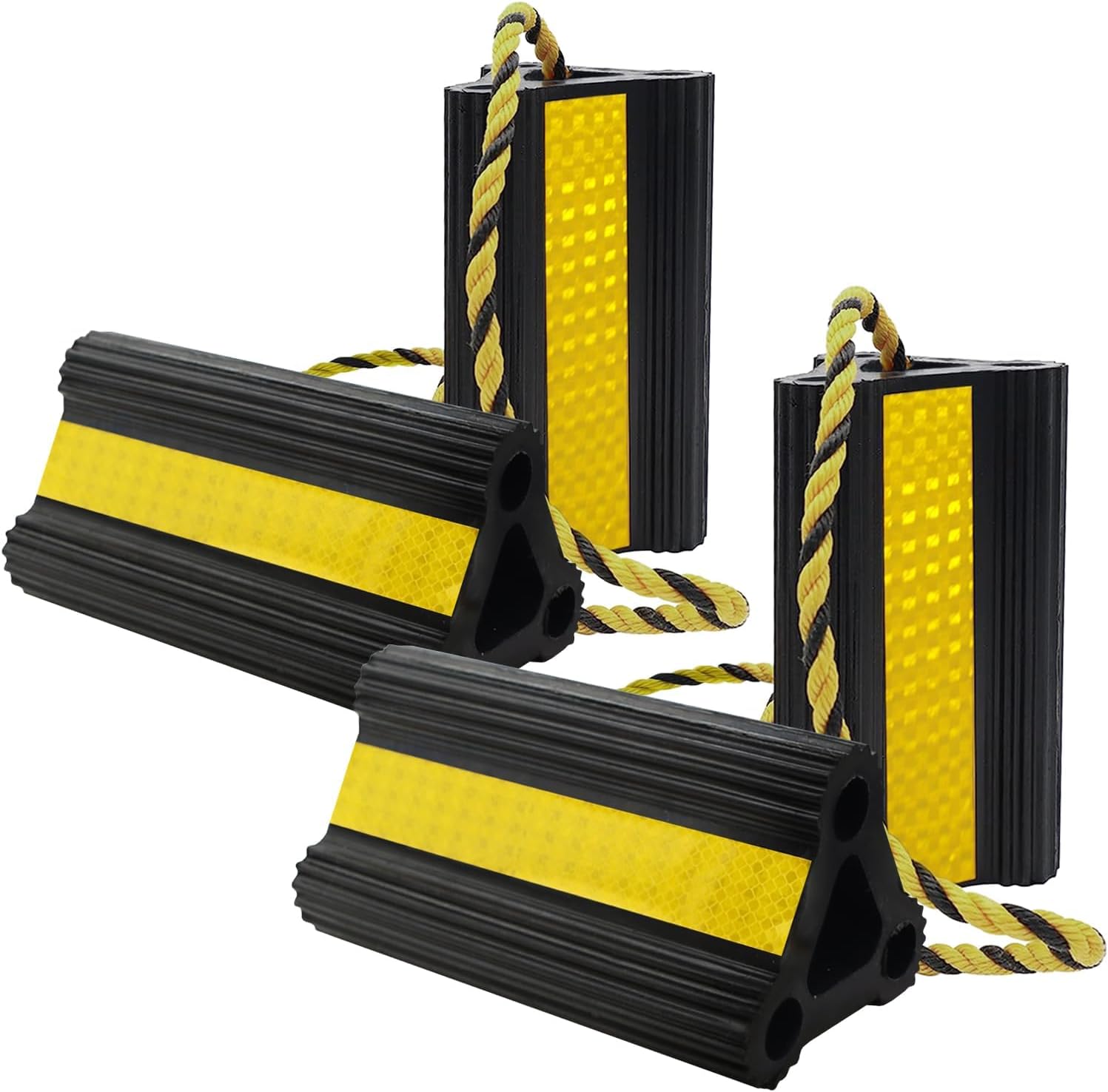 Heavy Duty Rubber Wheel Chocks - 4 Pack with Rope