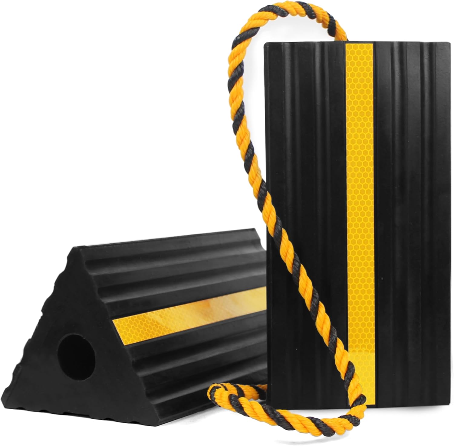 MaxxHaul Heavy Duty Rubber Wheel Chocks - Pair with Reflective Strips