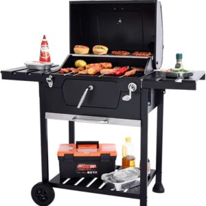 Large Outdoor Charcoal BBQ Grill Cart with Side Table