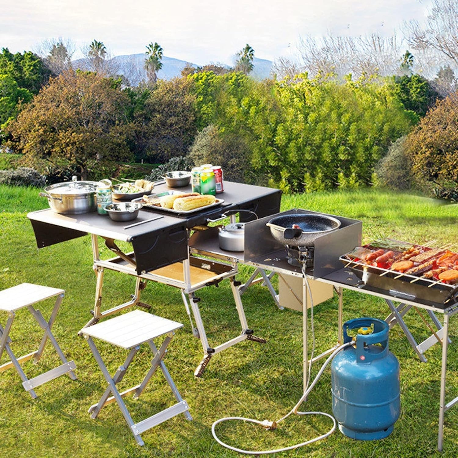 Folding Portable Grill Table - Outdoor Camping Kitchen Station