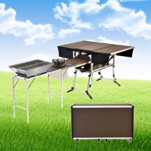 Folding Camping Cook Station w/ Bench & Grill Table
