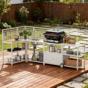 LYNSLIM Outdoor Grill Table w/ Sink & Storage (White)