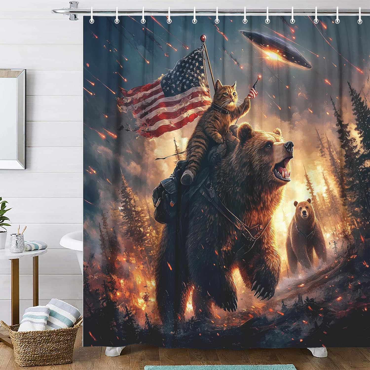 Funny Bear Shower Curtain | Cool Cat Anime Forest Design