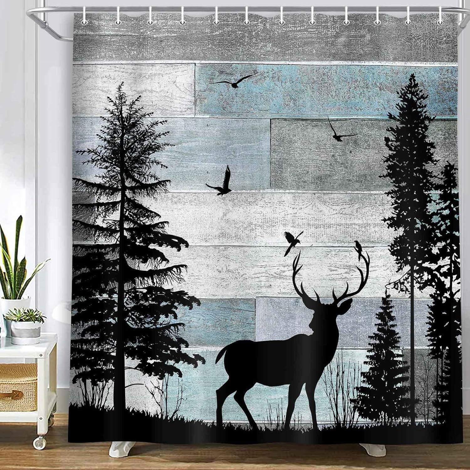 MERCHR Rustic Deer Forest Shower Curtain Set, 71x71"