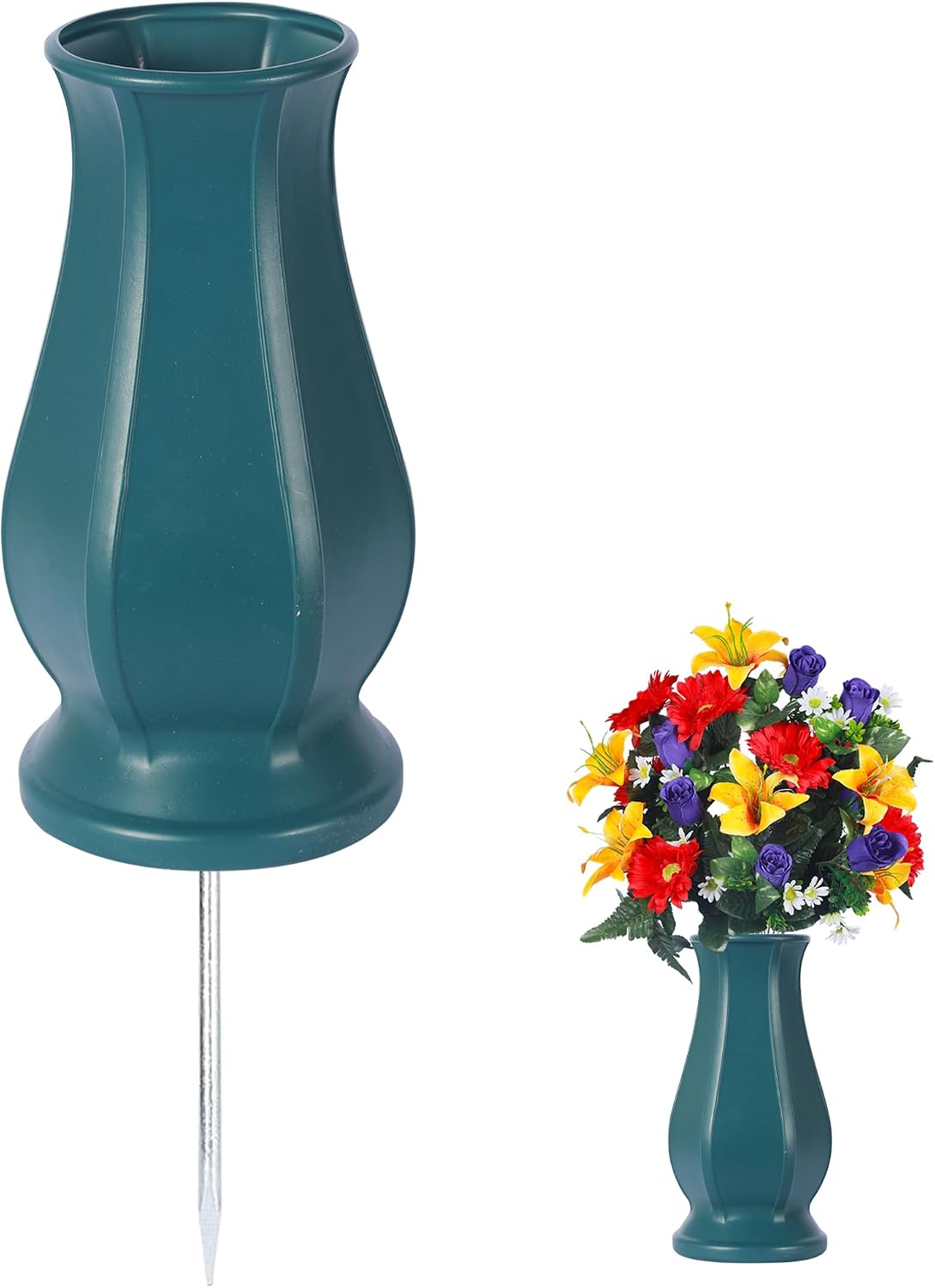 Blue Memorial Grave Flower Vase w/ Spike Stake