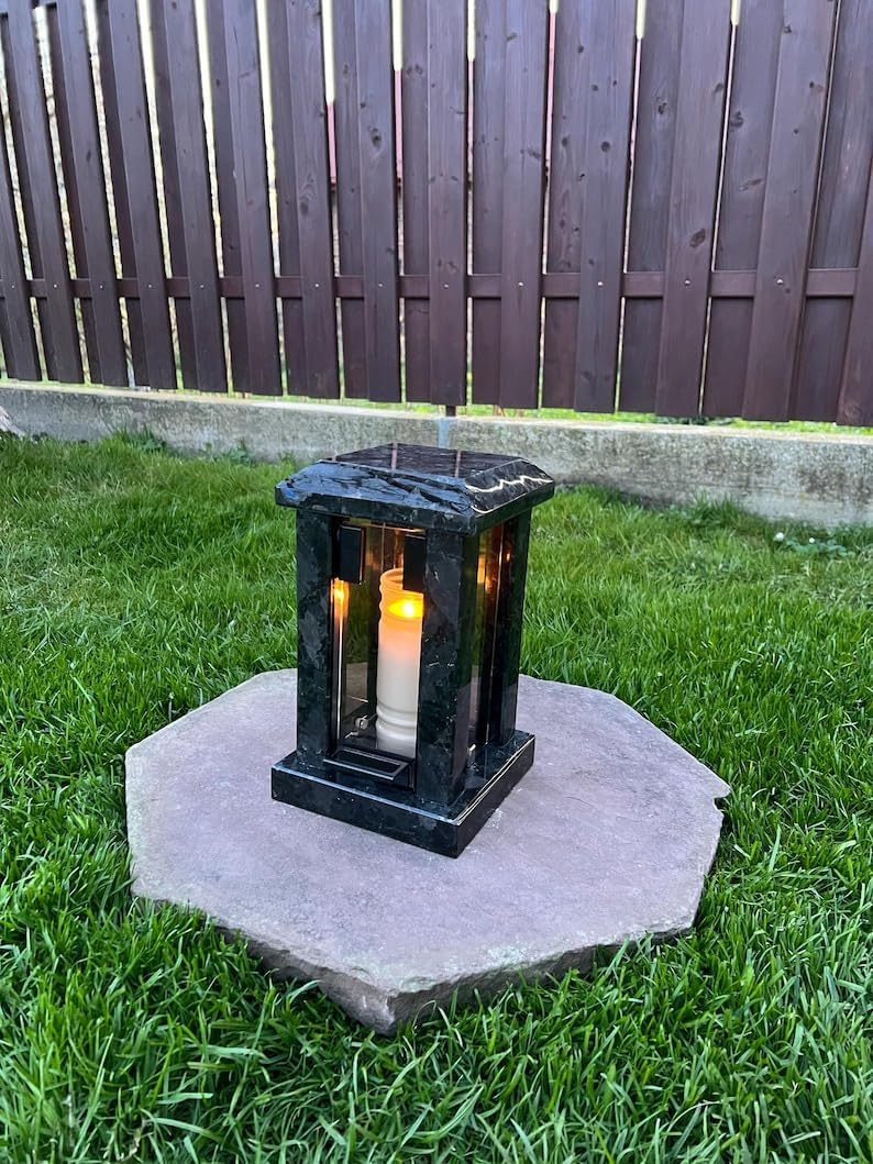 Black Granite Memorial Lantern - Grave Candle Holder