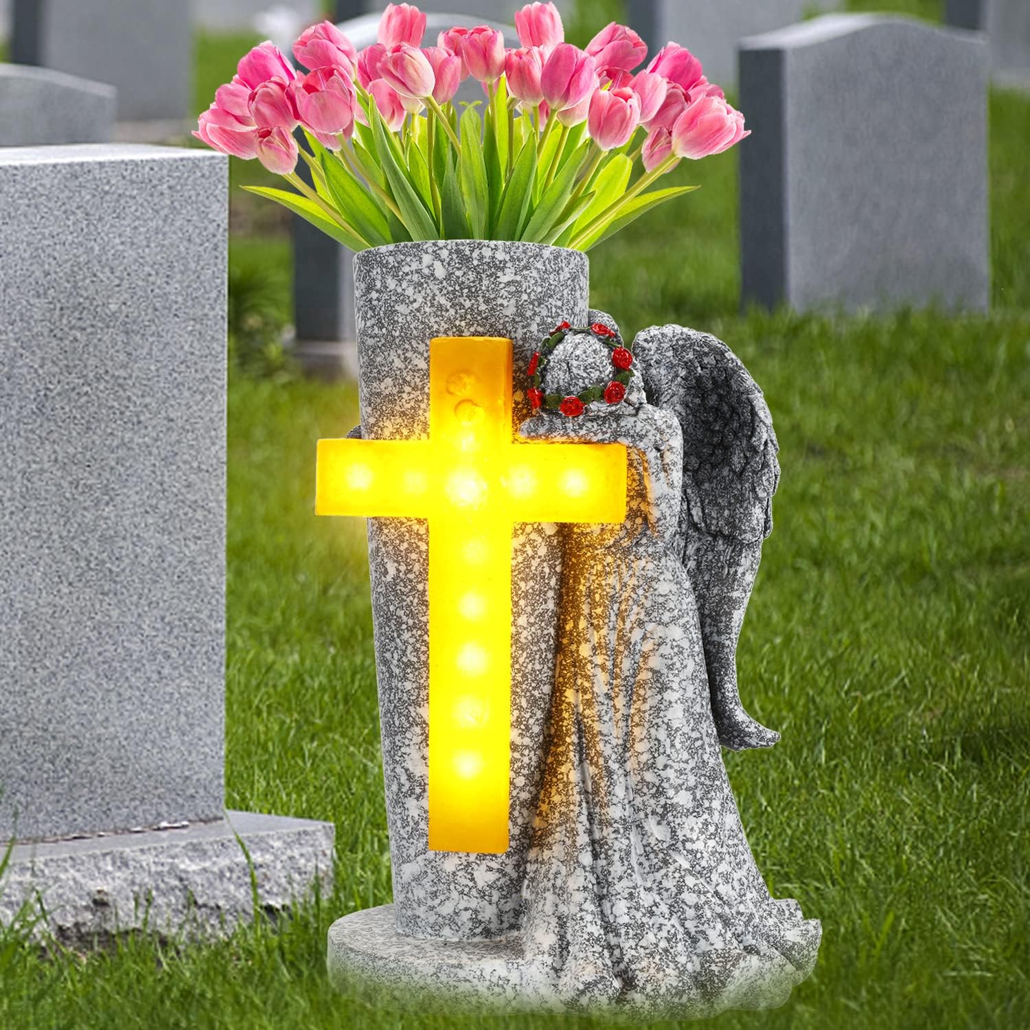 Angel Garden Statue Vase with Solar Cross Lights