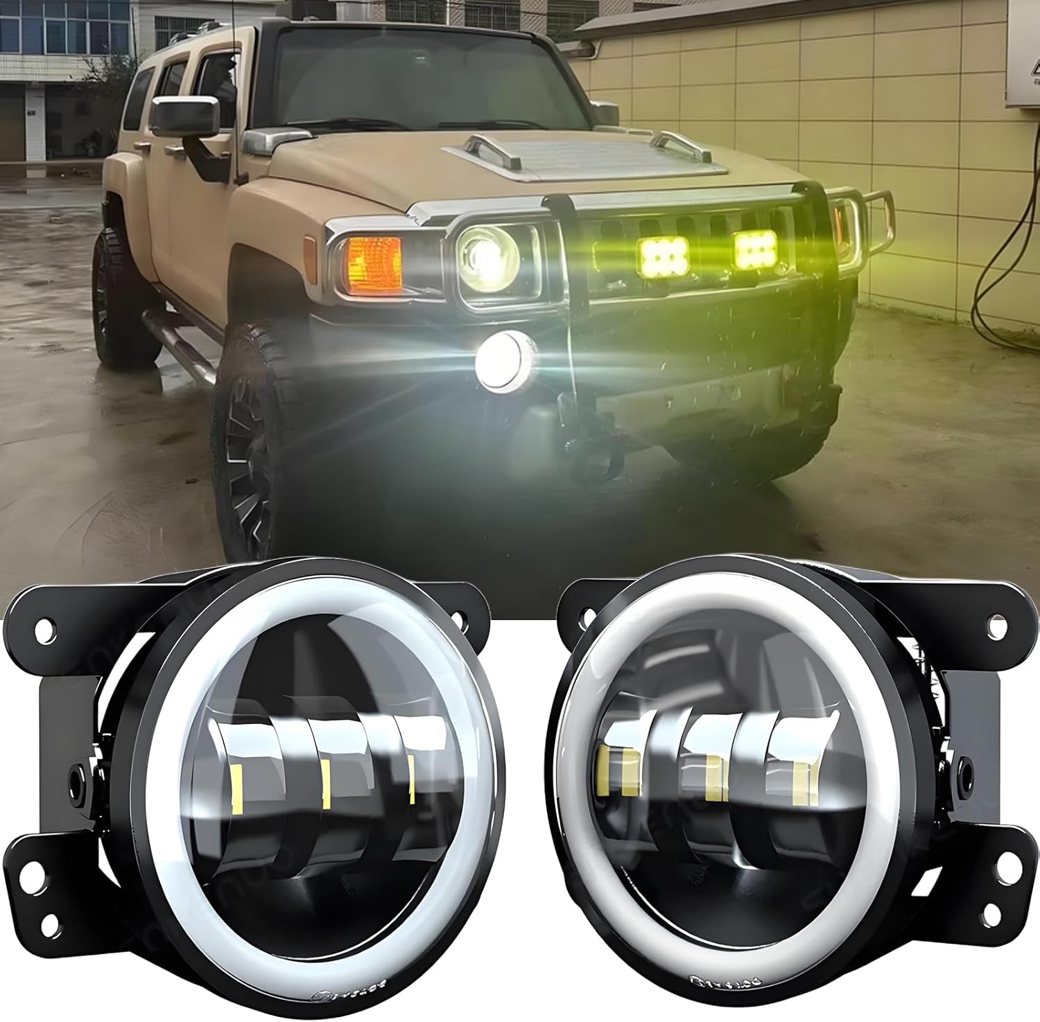 Hummer H3 H3T Fog Light Kit 2005-2010, Black Housing, Halo Rings