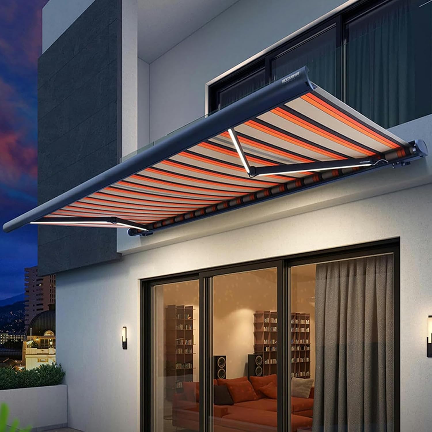Motorized Retractable Patio Awning with LED Lighting