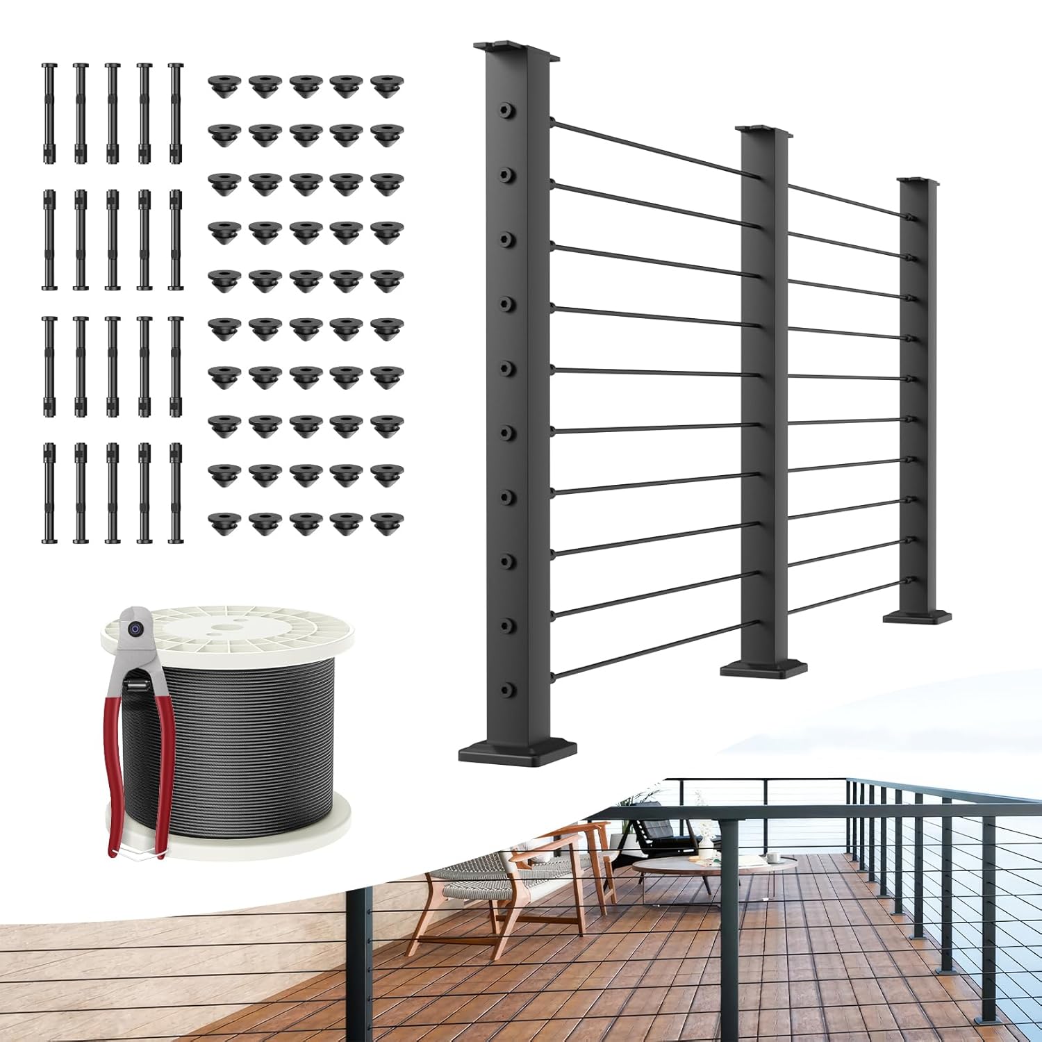 BLIKA 36in Black Cable Railing Post Kit 200ft Cable