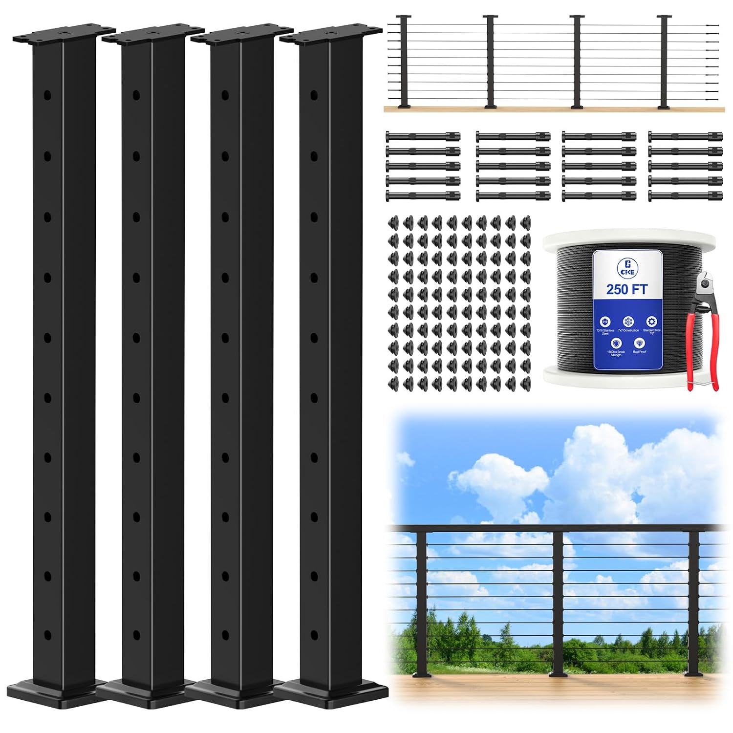 CKE 36" Black Cable Railing Post Kit, 4-Pack