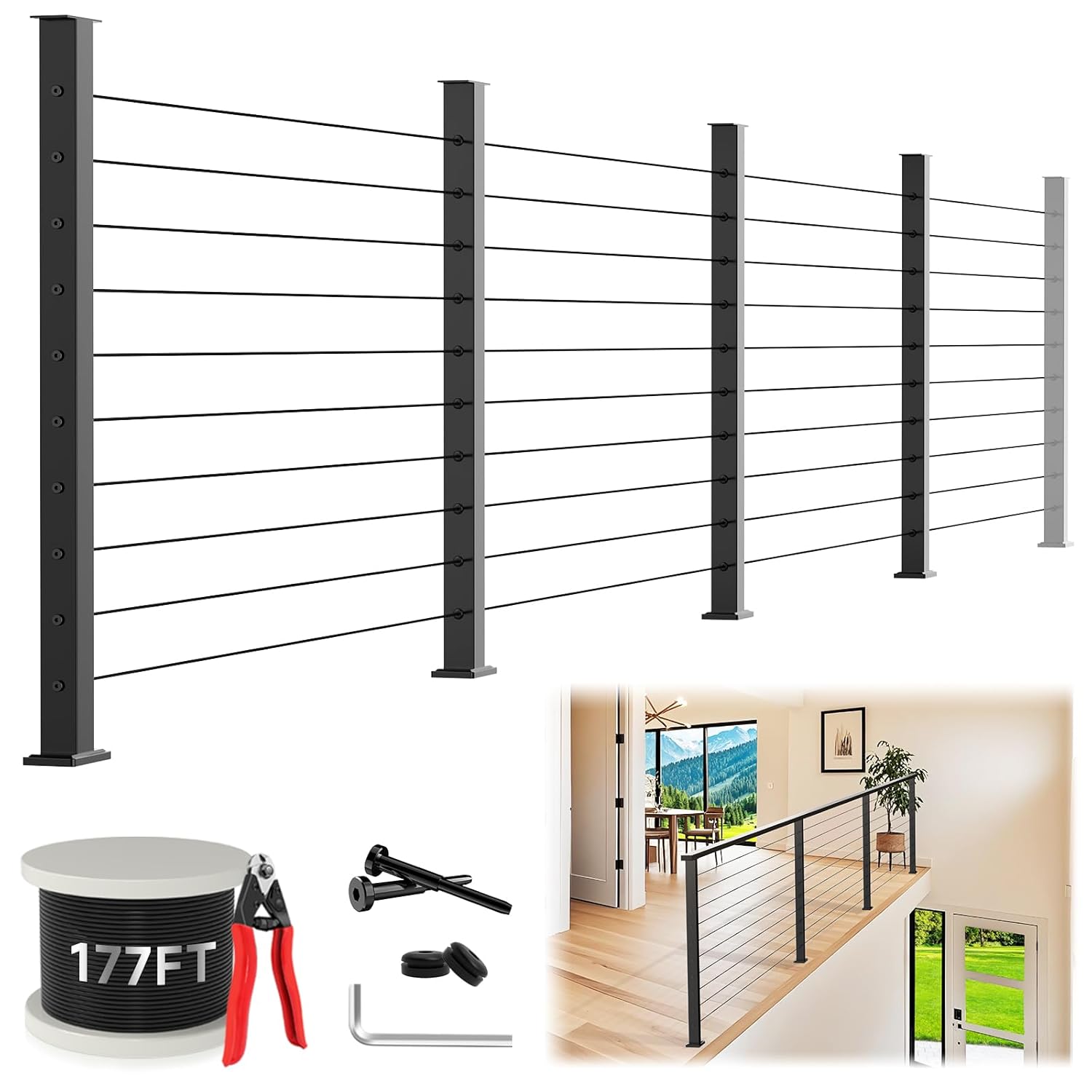 36" Black Stainless Steel Cable Railing Kit - 177ft Wire