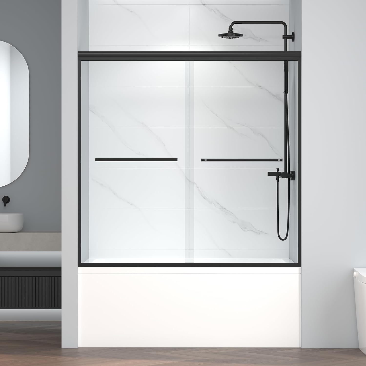 ENSO SENKA 60"x58" Semi-Frameless Sliding Shower Door, Matte Black