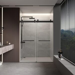 60in Sliding Glass Shower Door, Matte Black, Soft-Close