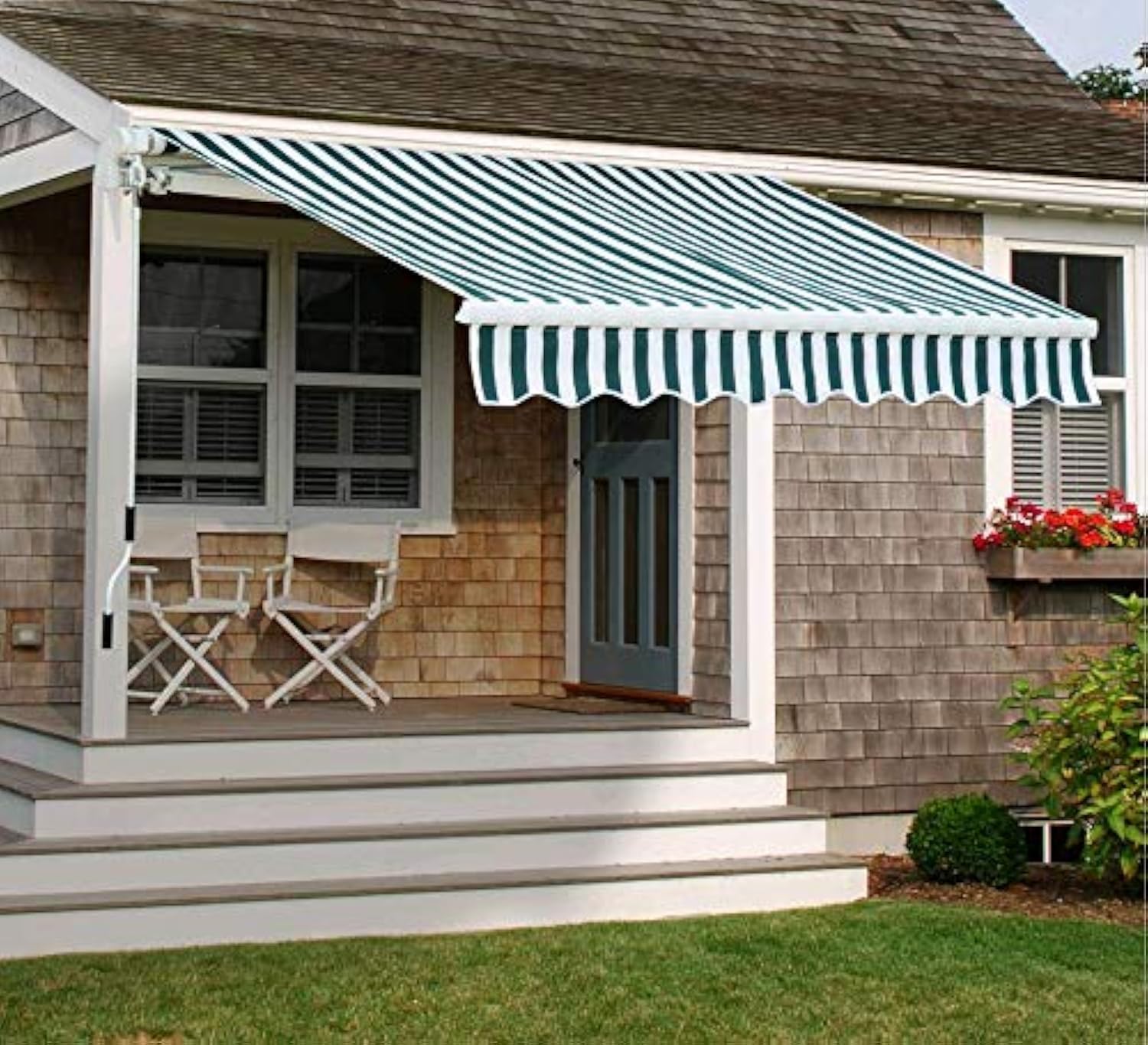 Diensweek 8x7 Patio Awning, Retractable Outdoor Shade (Green/White)