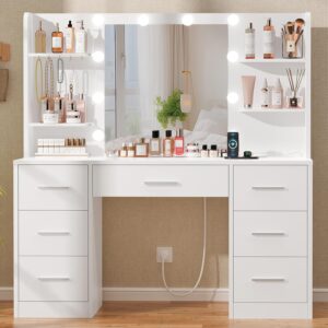 Quimoo LED Vanity Desk with Mirror & Storage, White