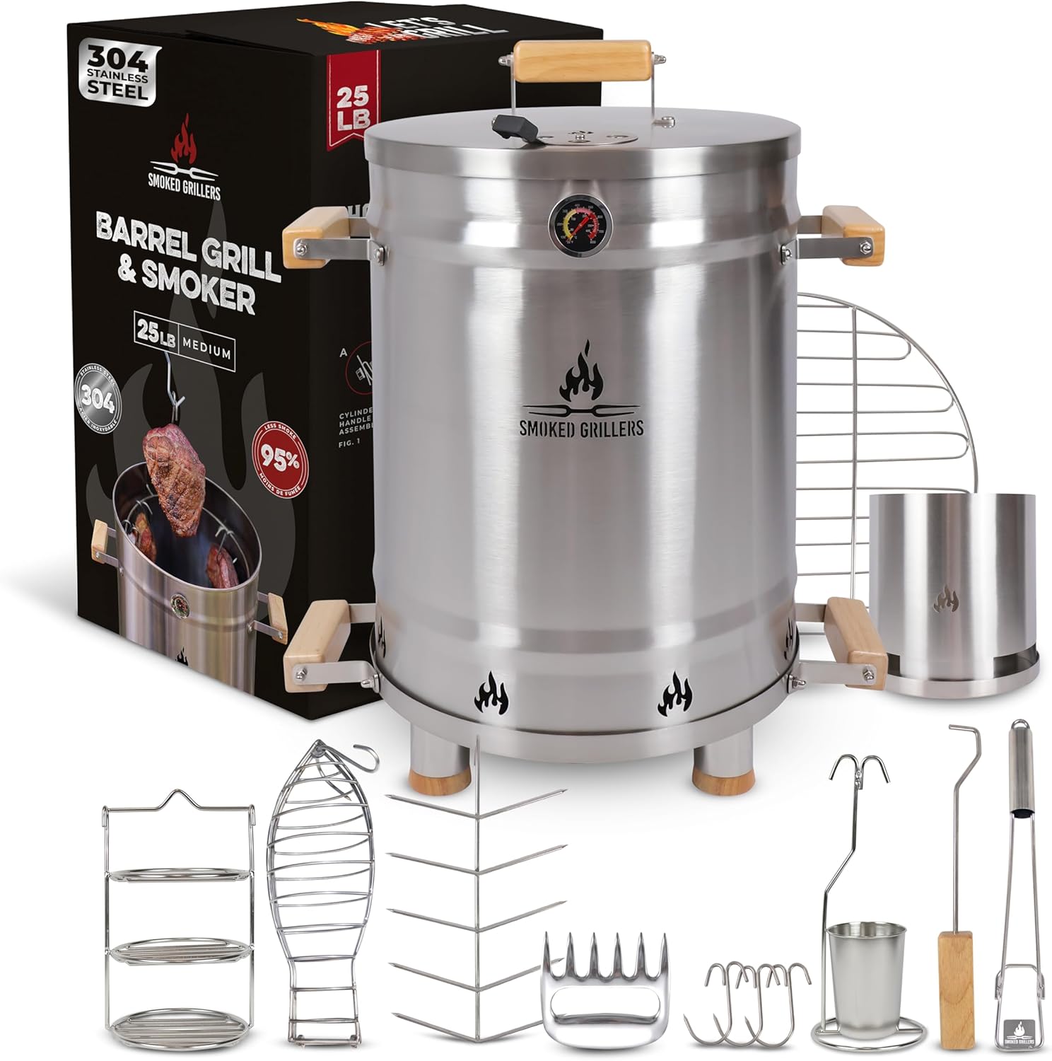 Stainless Steel Barrel Smoker Grill Combo – 25 lbs