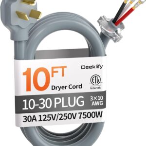 10-ft Dryer Cord, 30A 10-Gauge, NEMA 10-30, ETL Listed