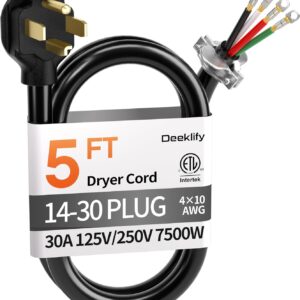 Deeklify 5ft 4-Prong Dryer Cord, 30A 10G, ETL Listed