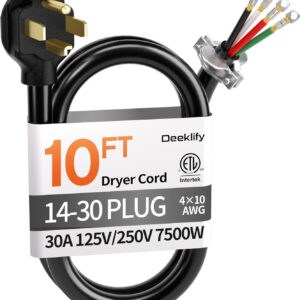 Deeklify 10ft 30A Dryer Cord, 10 Gauge, NEMA 14-30P