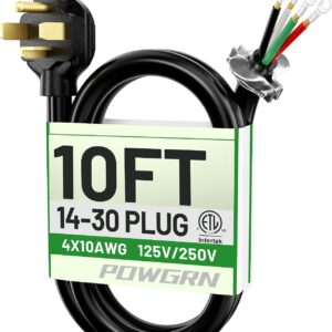 POWGRN 30A Dryer Cord 10ft, 4-Prong 10/4 Gauge