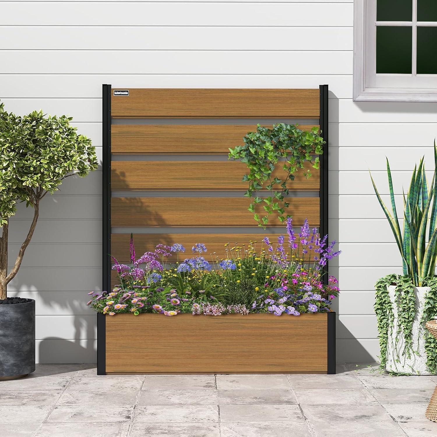 mondaria Wood-Plastic Privacy Screen & Planter Box, 4x5ft Brown