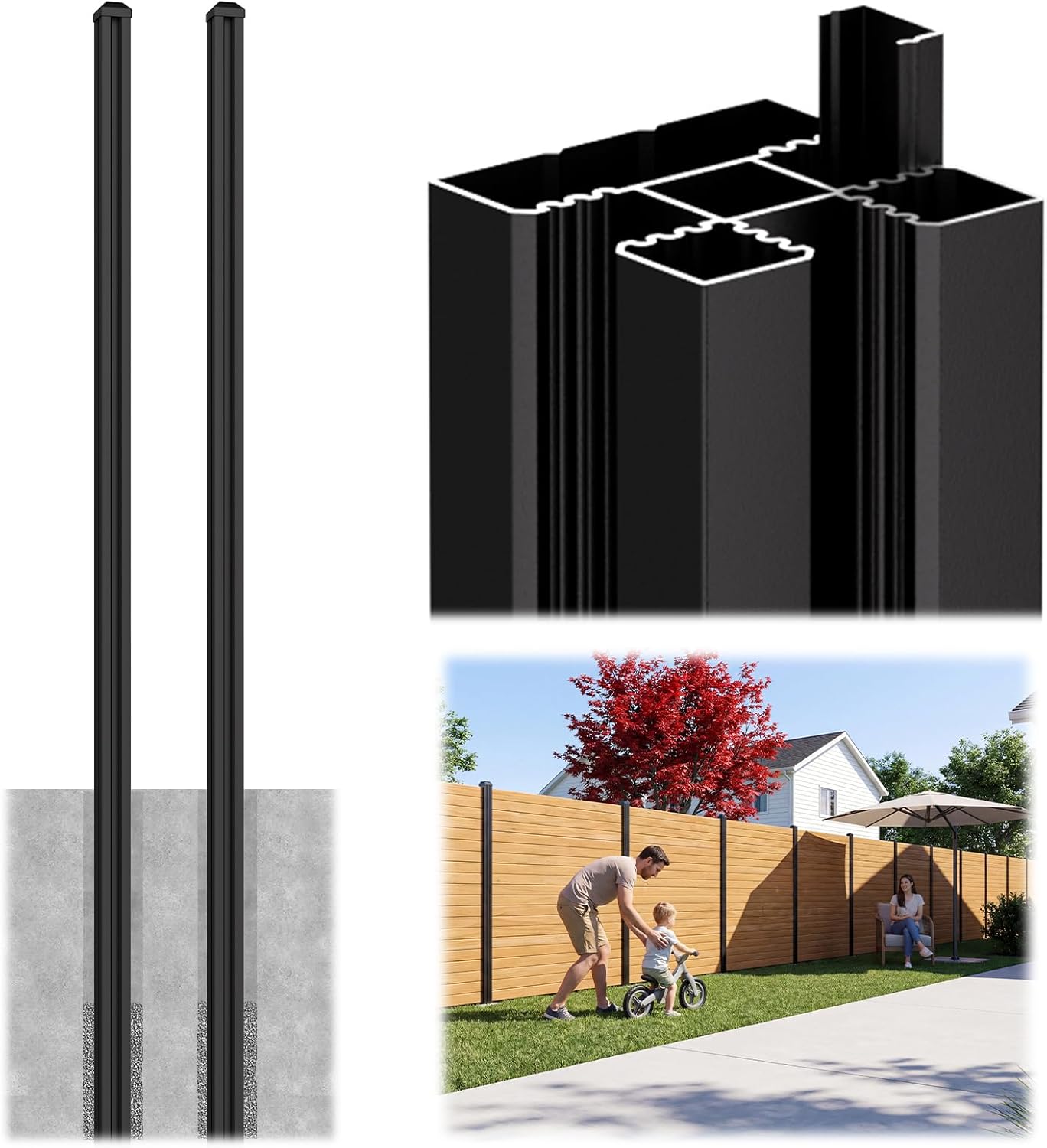 2-Pack 8FT Black Aluminum Fence Posts, Rustproof & Adjustable
