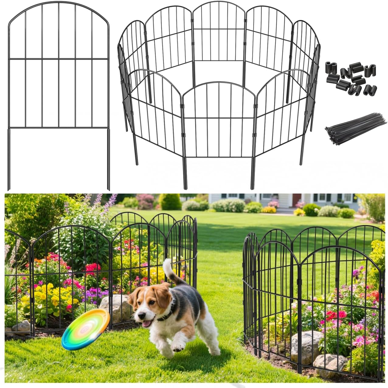 VANCASTLE Metal Garden Fence, Black, 10.5ft x 2ft