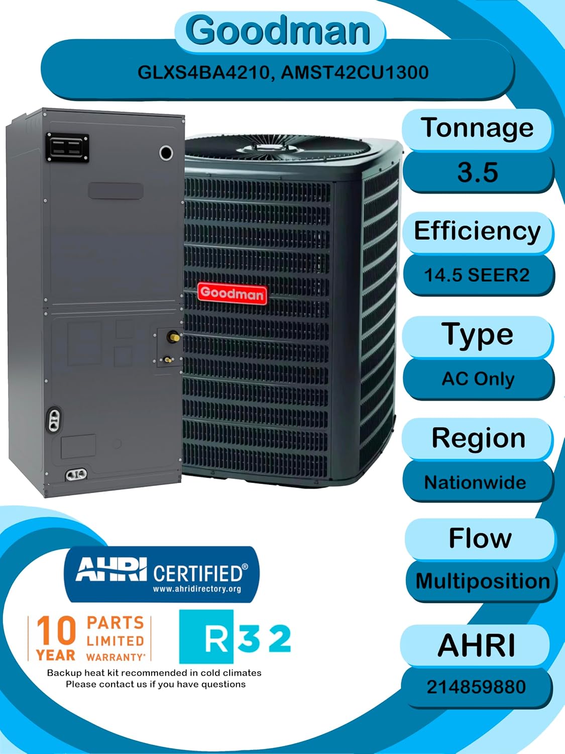 Goodman 3.5 Ton 14.3 SEER2 AC System w/ Multi-Position Handler