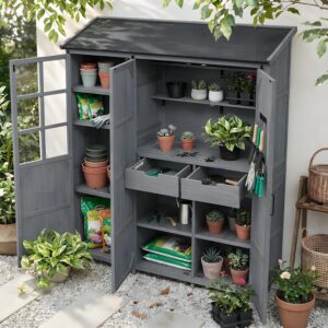 Large 60.6in Patio Garden Shed w/ 3 Doors, 7 Shelves - Gray